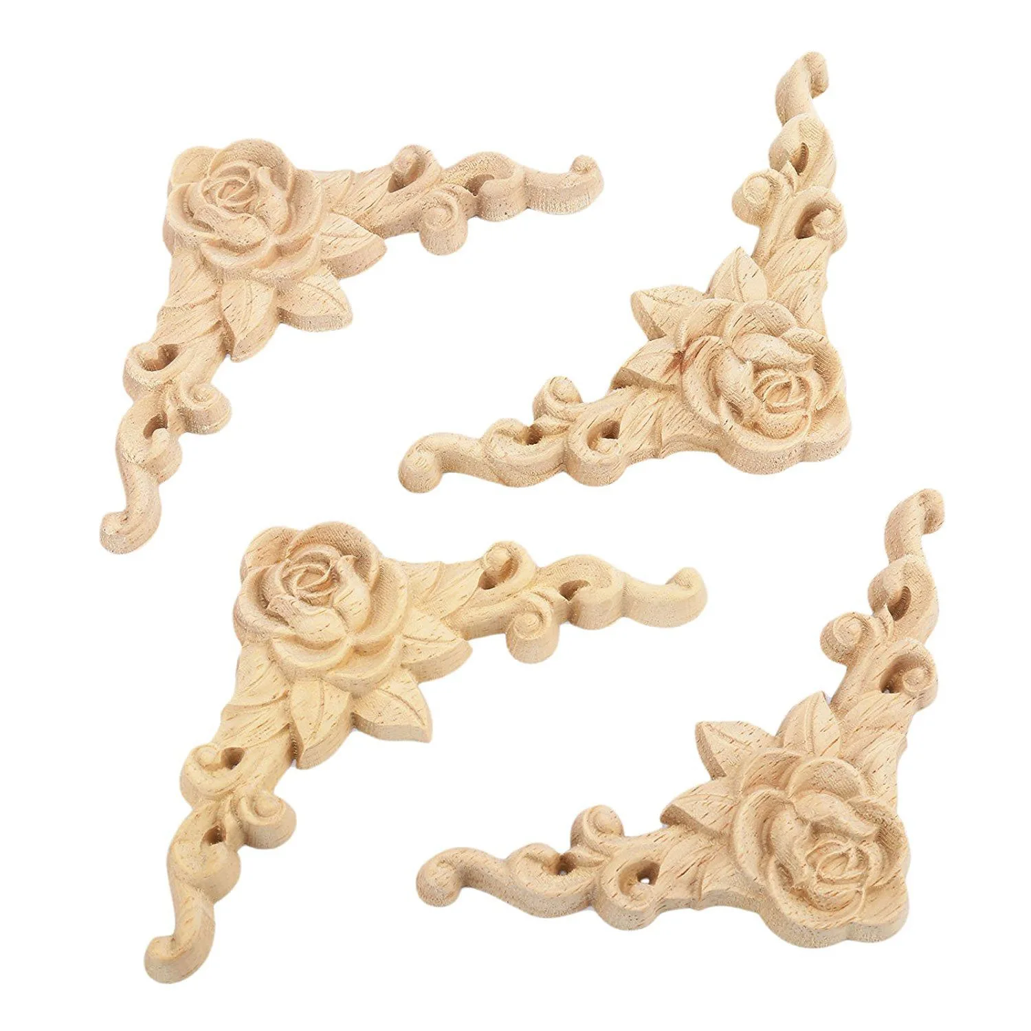 

4Pcs 8X8cm Wood Carved Corner Onlay Applique Door Cabinet Rose Unpainted With 4Pcs 20X5cm Rubber Wood Carved Long Onlay Unpainte