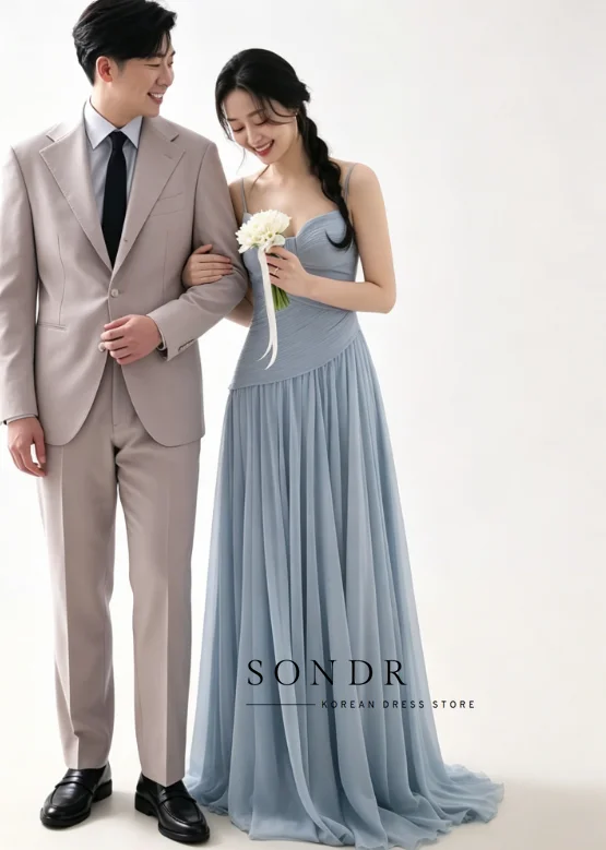 Sondr Customized Blue Korean Evening Dresses Photo Shoot Spaghetti Straps Wedding Dresses Floor-Length Reception Dresses
