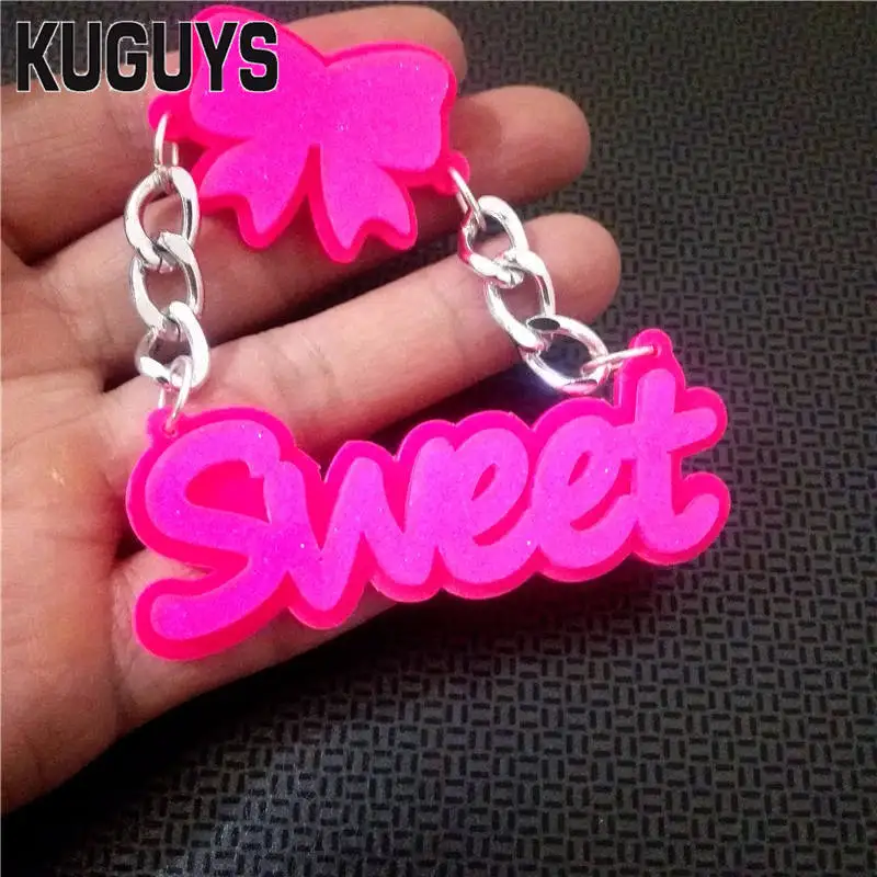 KUGUYS Glitter Pink Sweet Drop Dangle Earrings for Women Bowknot Accessories Acrylic Jewelry