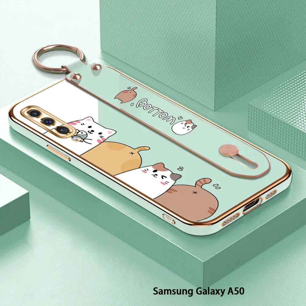 

(With Wristband) For Samsung Galaxy A50 A50s A70 A30 A30s A20 A20s A10 A10s Cartoon Cat Back Cover Luxury Plating TPU Phone Case