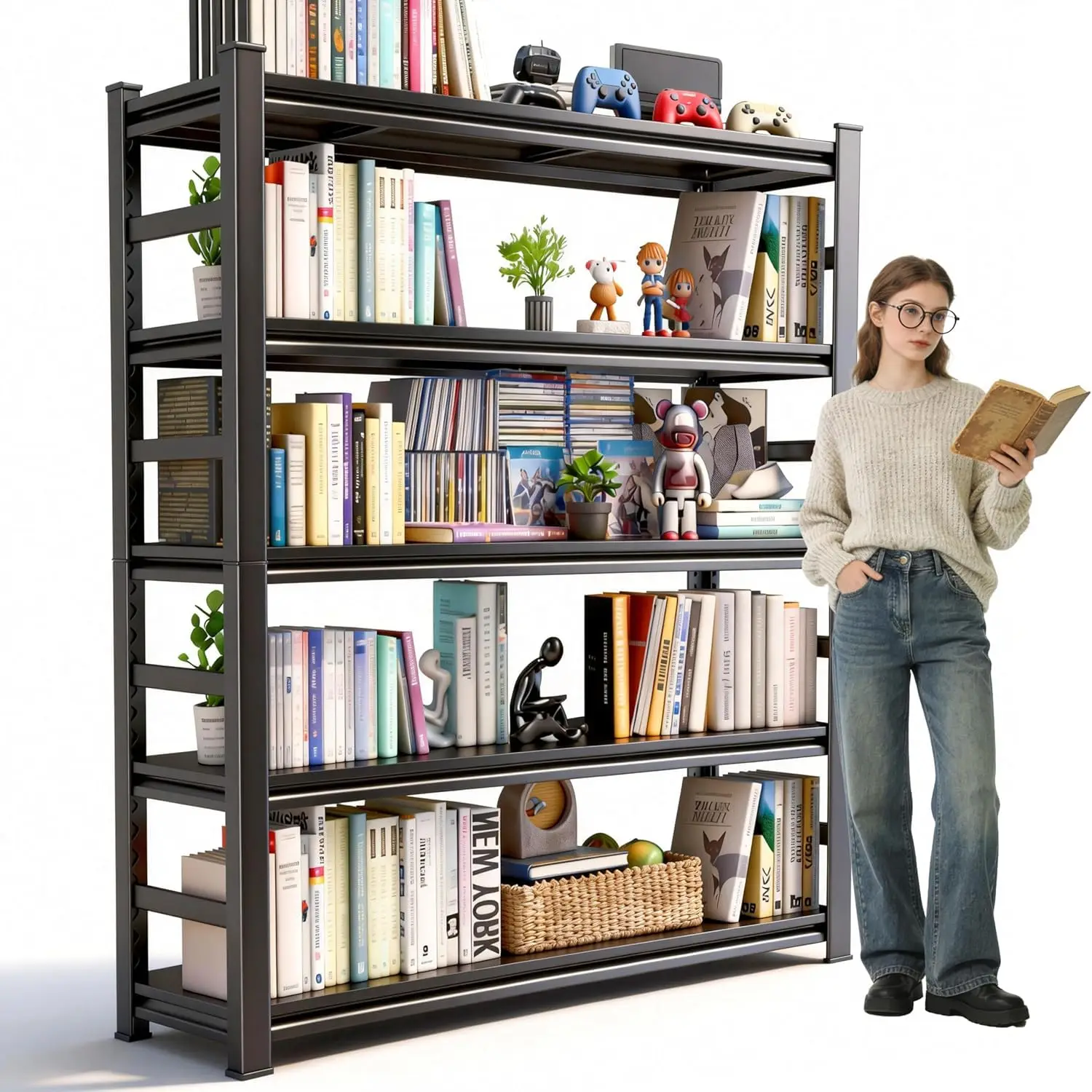

5-Tier Adjustable Metal Bookshelf Industrial Heavy Duty Storage Shelf Home Office Living Room Bedroom 72x36x16in, Customized