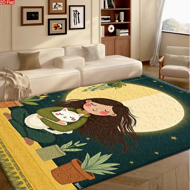 Carpet Flooring Boho Style Girl and Cat under Moon Star Pattern Home Decor Area Rug for Living Room Bedroom