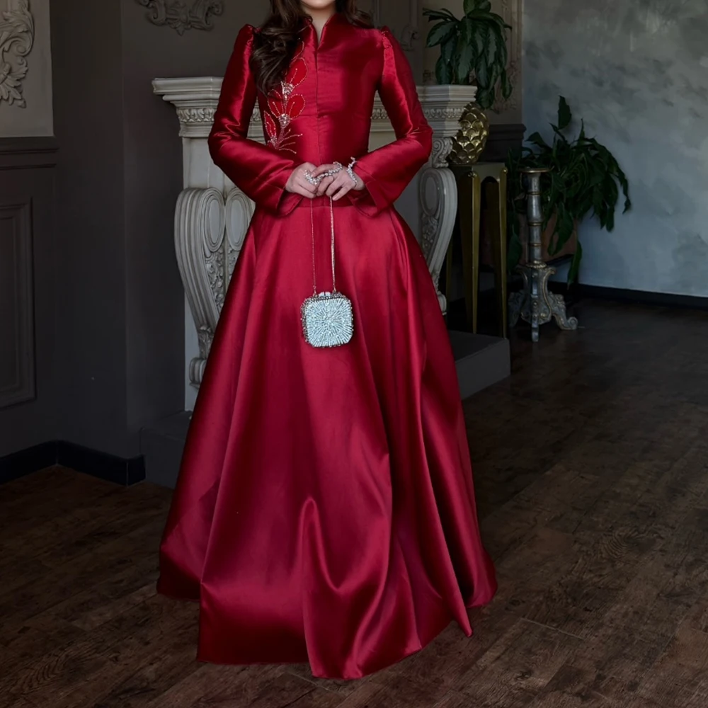 Abiti da sera a trapezio personalizzati Abito da ballo a maniche lunghe con collo alto lungo fino al pavimento Abito da festa drappeggiato semplice con fiori di paillettes alla moda