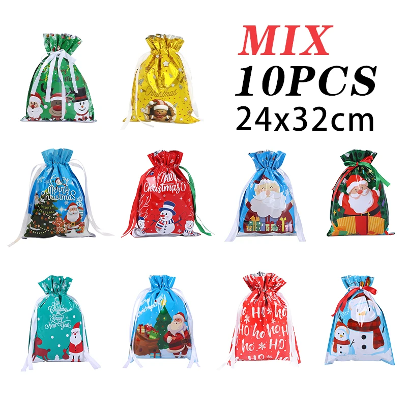 10szt Świąteczna torba na prezenty ze sznurkiem Party Children Kid Candy Gift Bag Aluminium Foil Box Happy New Year Xmas Eve 2025