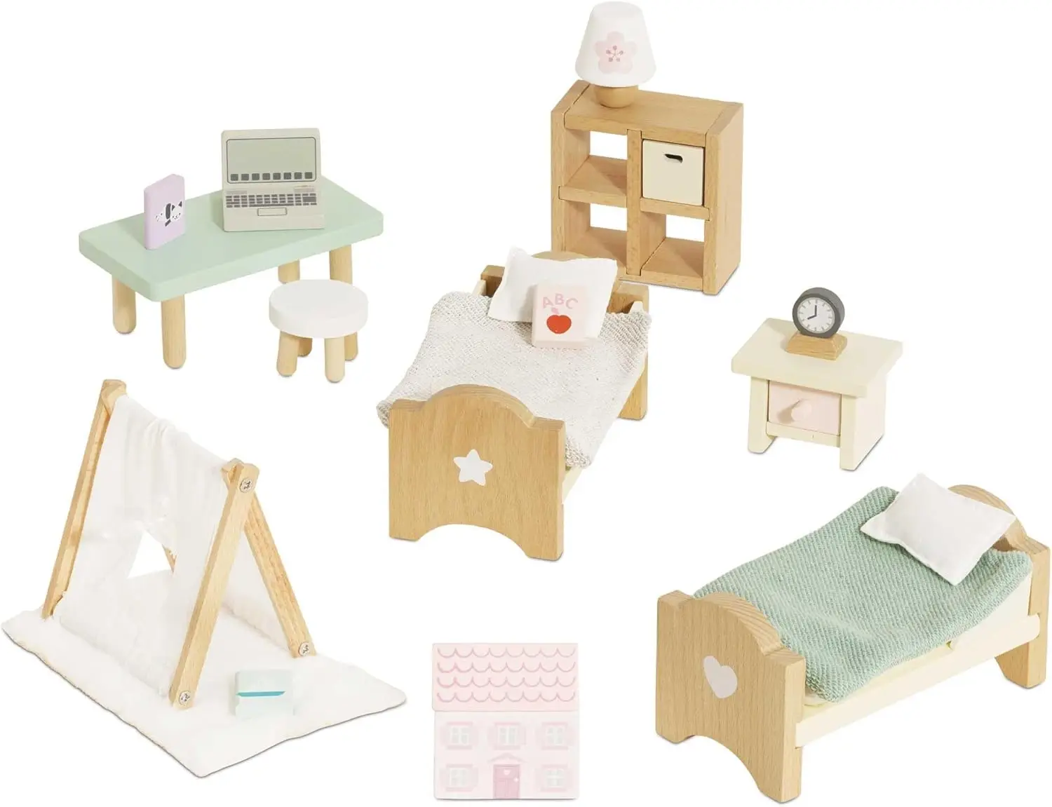 

Wooden Dollhouse Bedroom Furniture Set - Hand Painted, Safe for Ages 3+