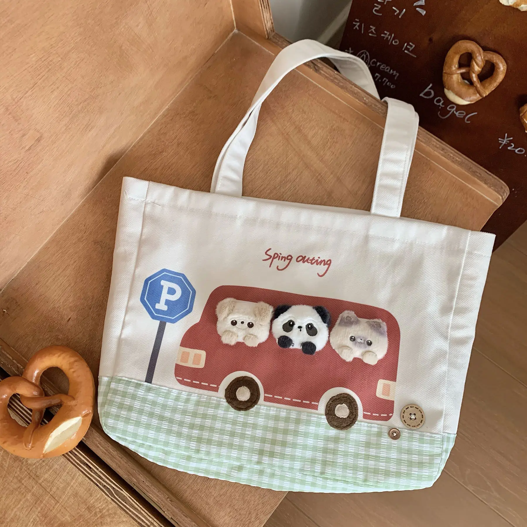 Japanese Original Cartoon Bus Animal Canvas Bag Girl Cute Childlike Fun Small Animal Shopping Bag Handbag Shoulder Bags Woman