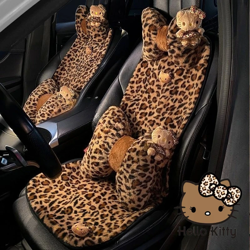 

Hello Kitty cartoon cute autumn winter leopard print coral fleece car seat cushion creative car decoration bow pillow gift