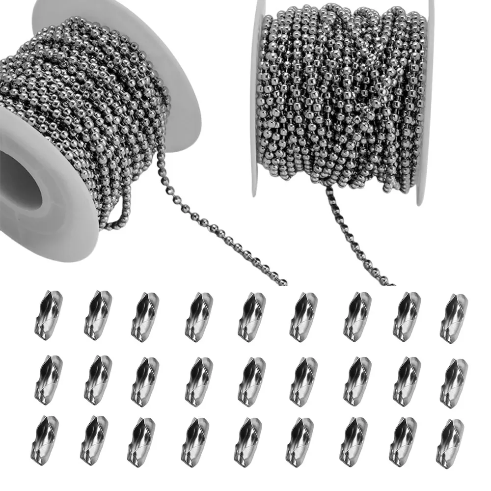

10meter Stainless Steel Bead Chain 2.4mm with 24pcs Matching Adjustable Pull Connector for DIY Keychain Necklaces Jewelry Making