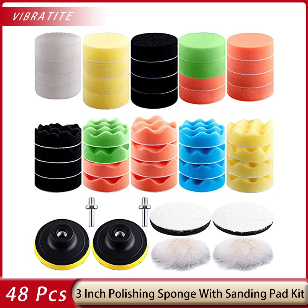 

48 Pcs Car Polishing Pad Kit 3 Inch Buffing Pads Sponge Polishing Pads Foam Buffer Polish Pads Car Polisher Attachment for Drill