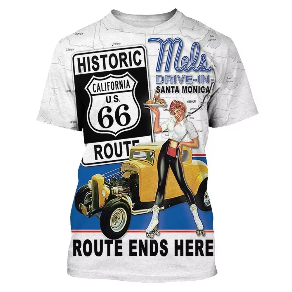 

Hot Sell Summer Fall Men's Clothing 3d Printed Men's Route 66 T-Shirt Top Men's Loose Casual Fashion Retro Oversized Short Sleev