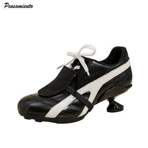 Zapatillas de deporte de tacón alto para mujer, zapatos deportivos informales con cordones, de cuero suave, con retales de colores variados, estilo Ins, para otoño e invierno