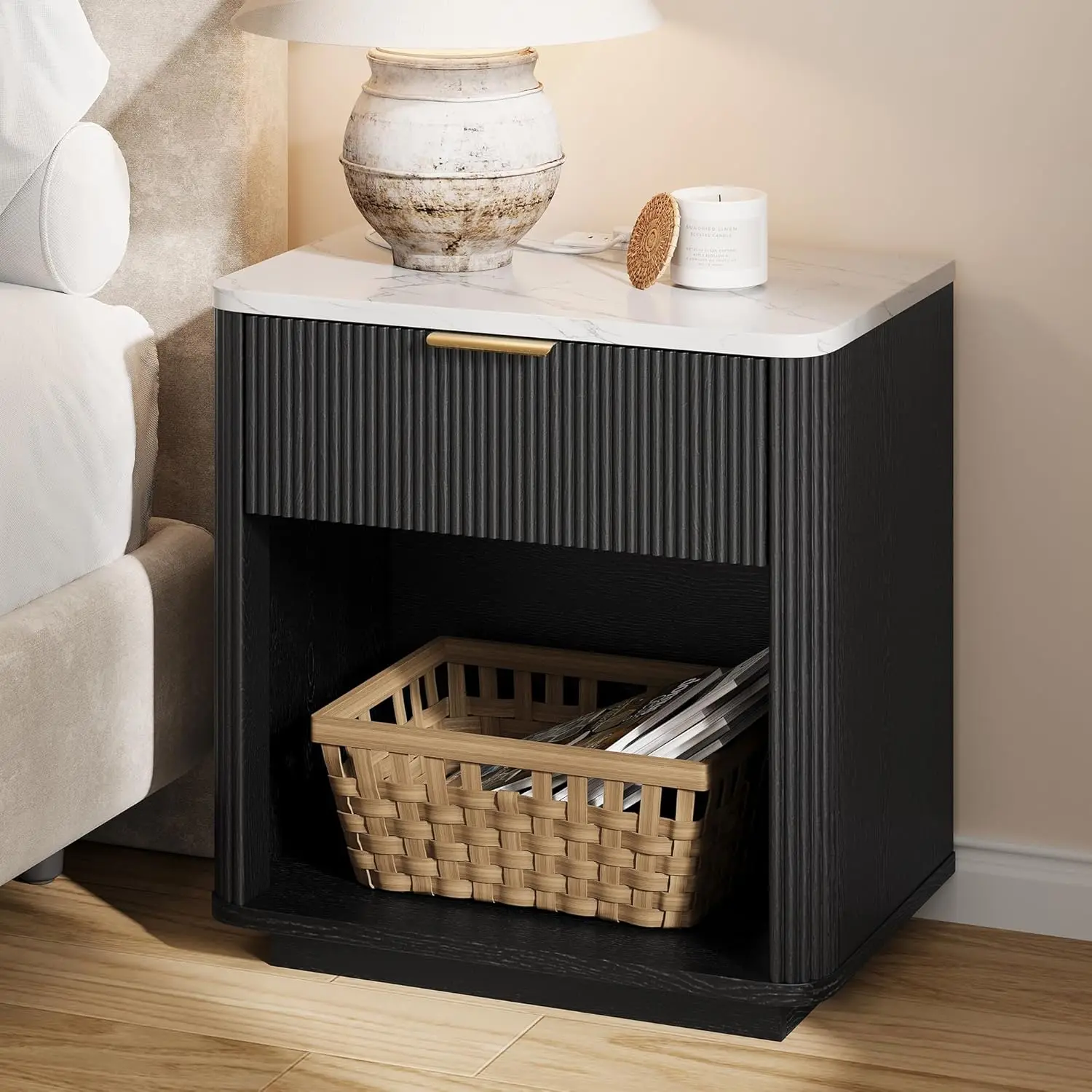 

Fluted Nightstand Drawer Faux Marble Top Charging Station Open Shelf Curved Corner Bedroom Black, Customized