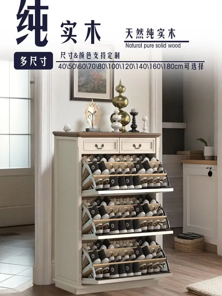 

Pure wood American Mediterranean Nordic tipping bucket ultra-thin light luxury custom large size home door shoe cabinet free