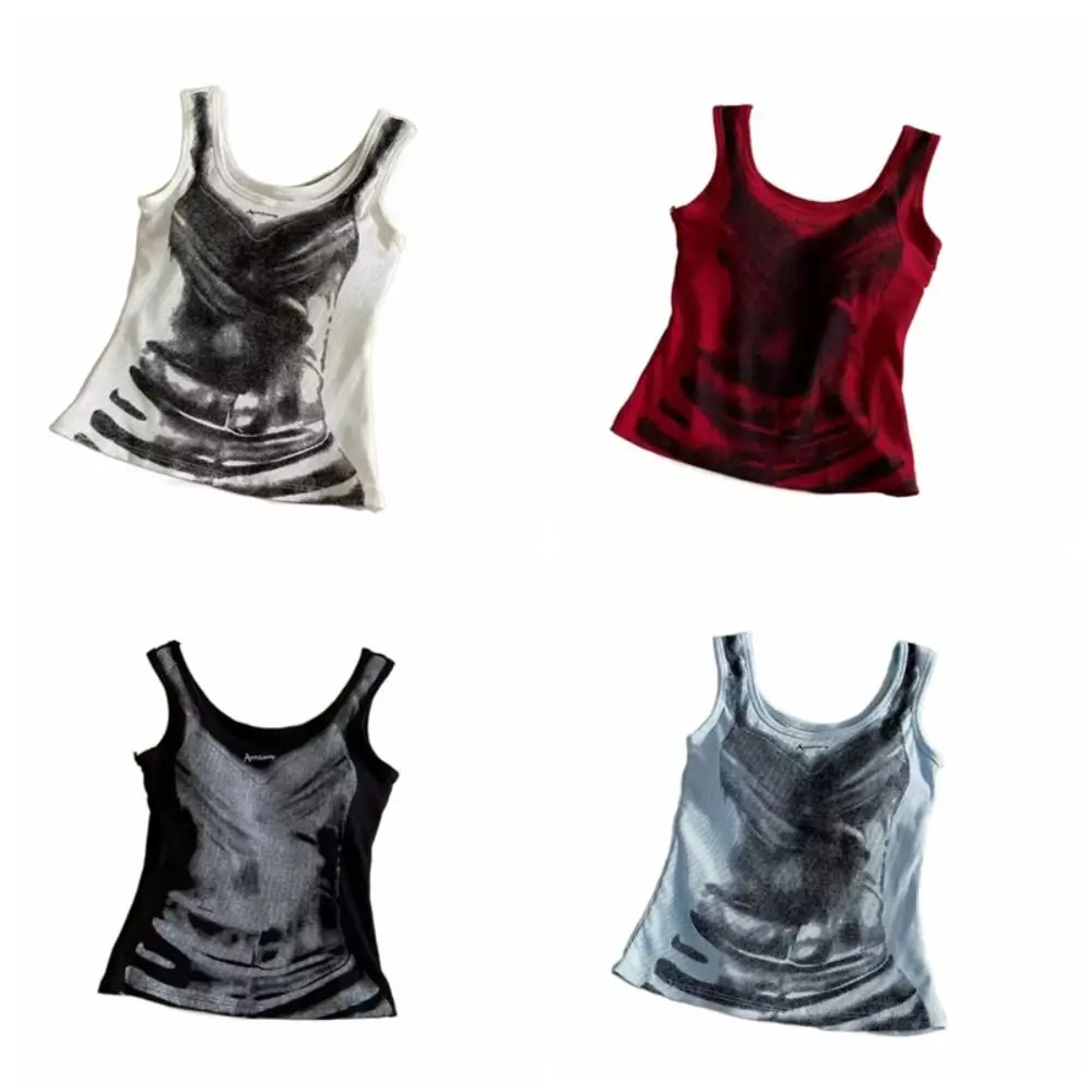 インスタイルアメリカンスタイル絞り染めキャミソールノースリーブ Y2k ガールズスリムクロップトップレトロキャミソール胸付き春夏