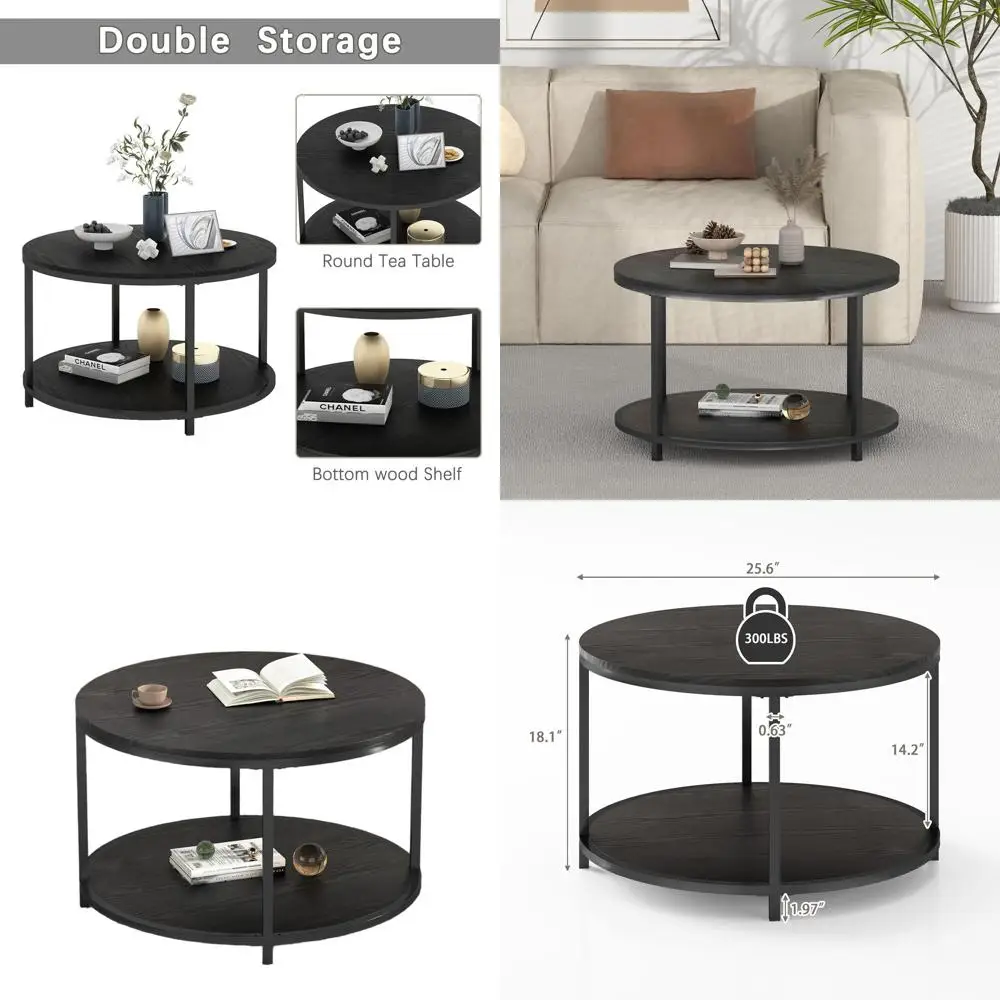 

Rustic 2-Tier Wooden Coffee Table with Storage Shelf for Small Spaces in Living Rooms (Black)