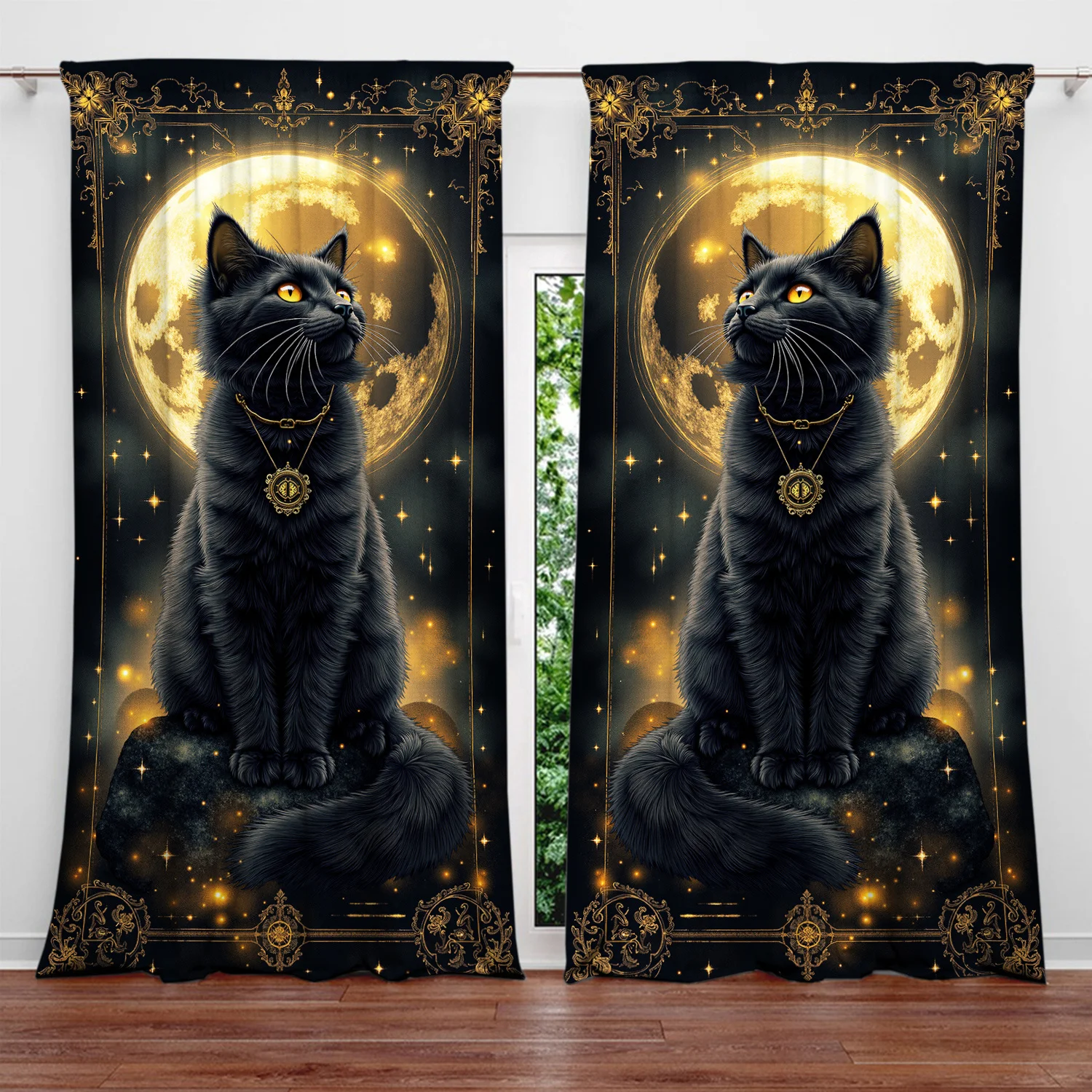 Mystical Black Cat Moonlit Portrait Curtains for Living Room Bedroom Gothic Decor Tapestry