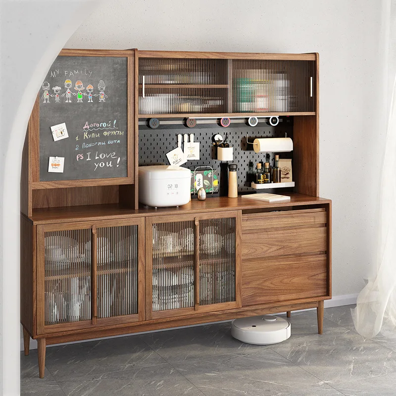 Nordic black walnut dining side cabinet tea cabinet living room wall locker glass solid wood storage cabinet household