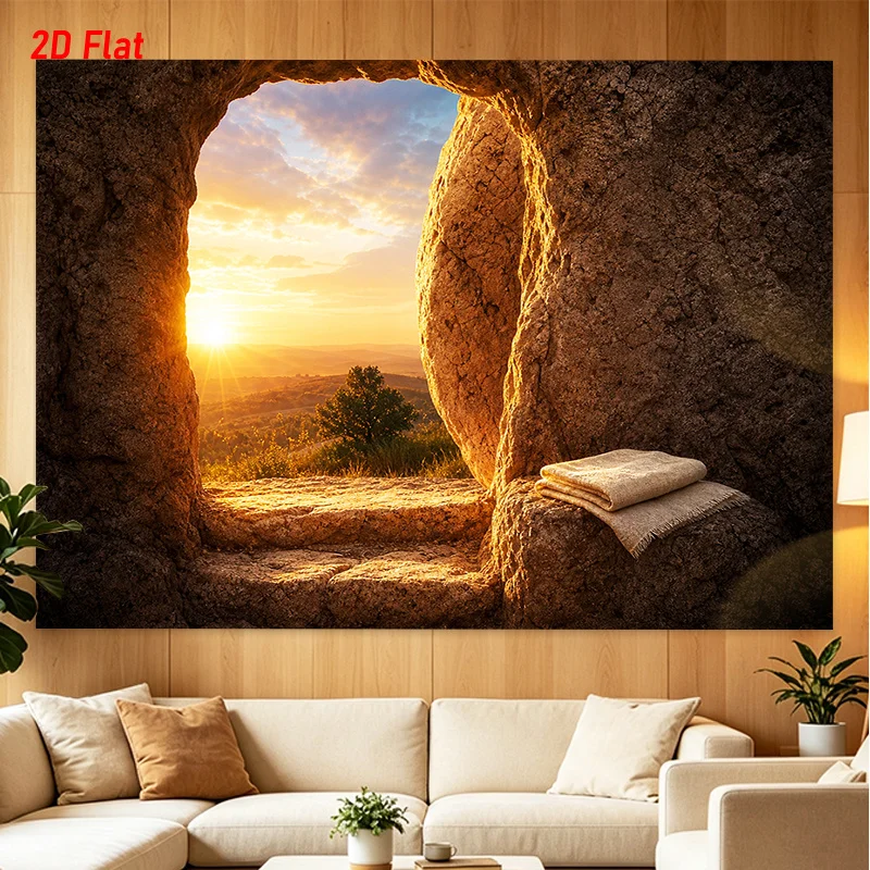 Sunrise Cave Tapestry, Empty Tomb Wall Hanging, Biblical Landscape Decor, Nature Mountain Art Cloth Living Room Bedroom Ornament