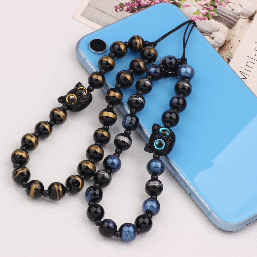 Creative Cat Cute Cat Phone Chain Beaded Wrist Strap Beaded Phone Strap Blue Decoration Mobile Phone Lanyard Girls Women