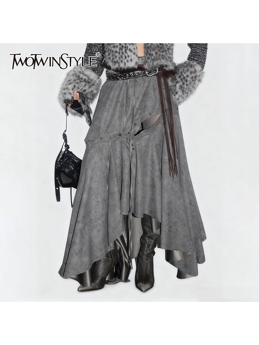 TWOTWINSTYLE Hit Color Loose Spliced Lace Up Irregular Skirts for Women High Waist Patchwork Buttons Fashion Long Skirt Female