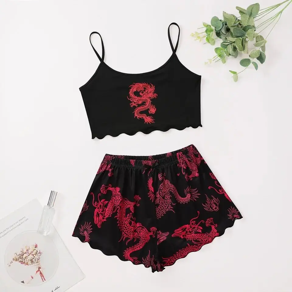 Women\'s 2pcs Cute Soft Comfy Dragon Print Pajamas Set Animal Sleepwear Sleeveless Shoulder Strap Nightgless Cute Top And Shorts