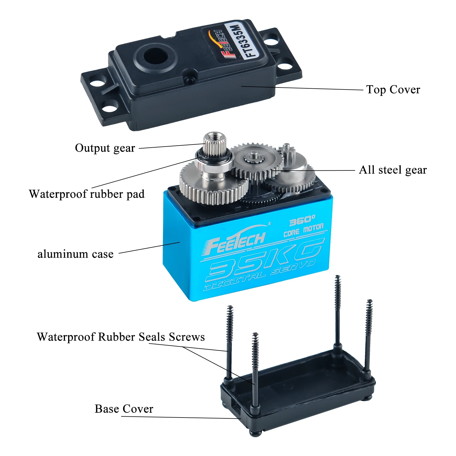 Servomotor digital ft6335m, 7.4v, 35kg, engrenagem de aço magnética de 360 graus com braço de metal para robô, carros rc, avião, quadricóptero, brinquedos