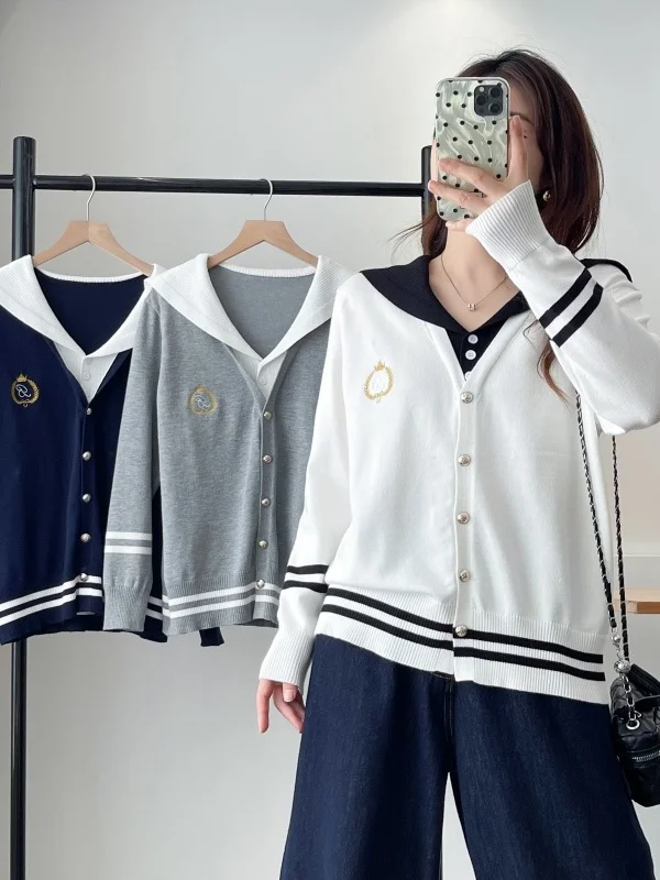 Large Size Women's Knitted Cardigan Embroidered Naval Collar Fake Two-Piece College Style Sweater Outerwear Autumn Fashion