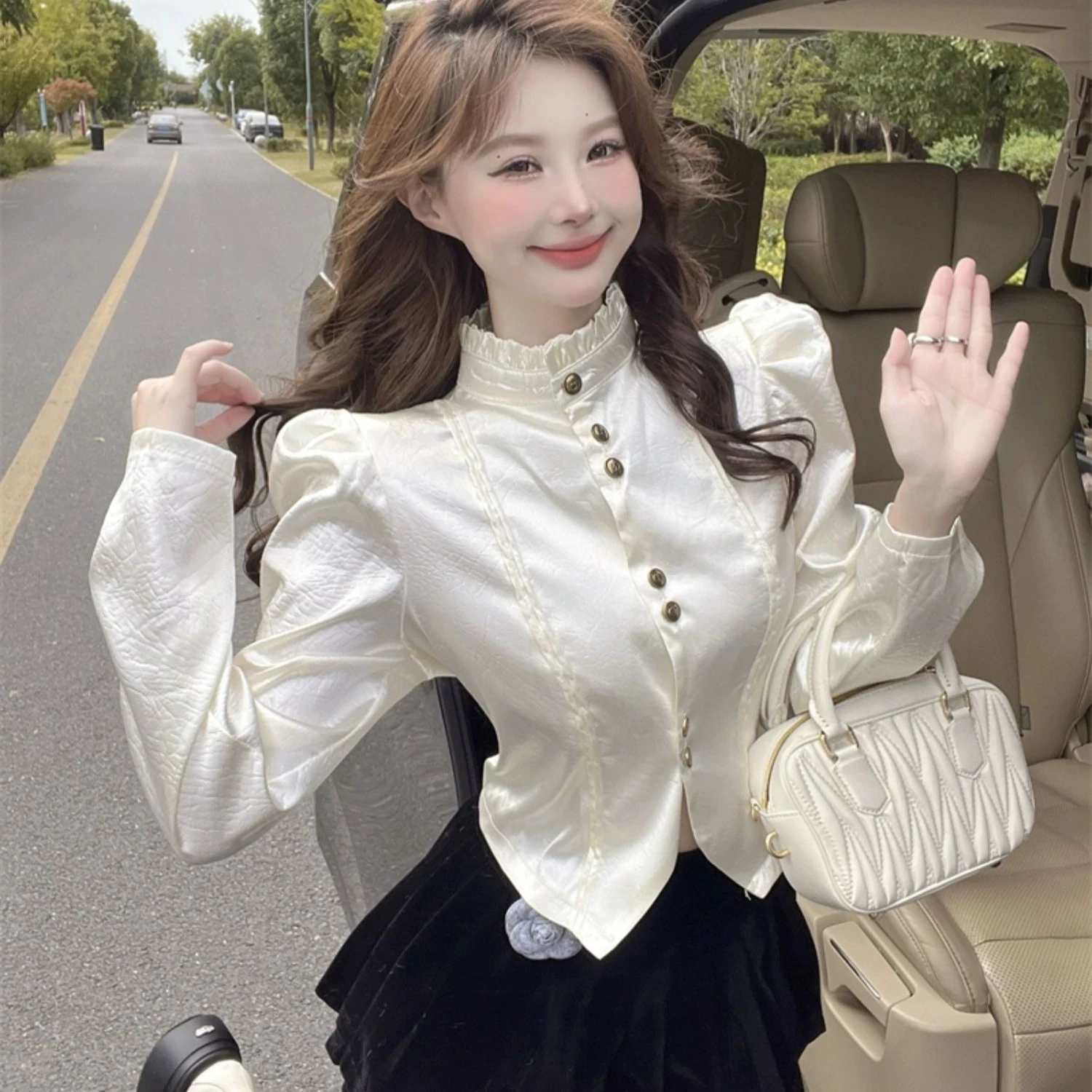 Long Puff Sleeve Casual Shirts Women Single Breasted Baggy Tops Popular Stand Collar Korean Style Shirring Spring Autumn Fashion