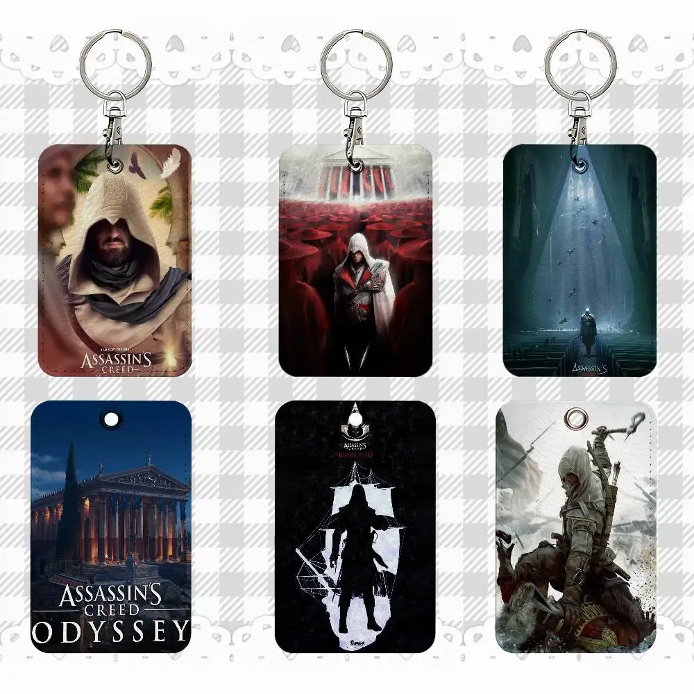 A-Assassins-Creed Game Rectangle ID Card Case Keychain Access Card Bag Key Tag Ring Leather Card Holder Key Ring Access