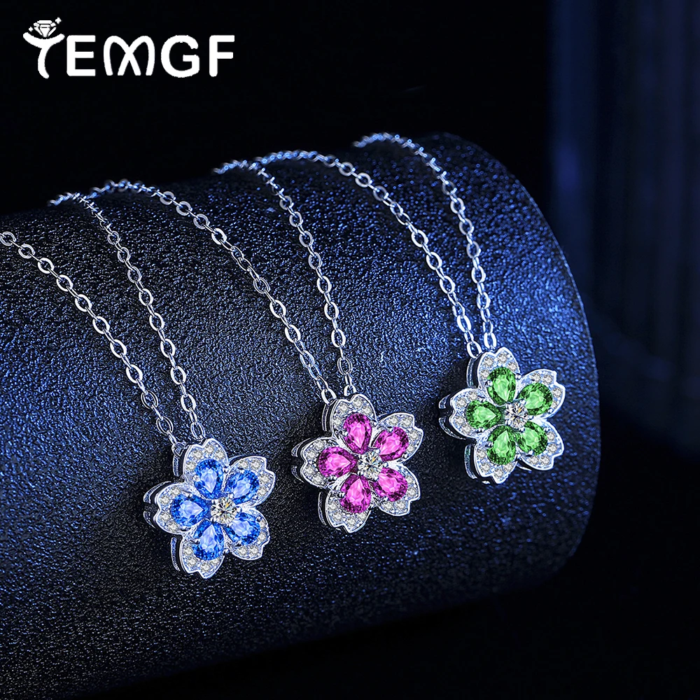 

TEMGF 3*4mm Red/Green/Blue Zircon Necklace for Women 925 Sterling Silver Flower Design Pendant Fine Jewelry Couple Birthday Gift