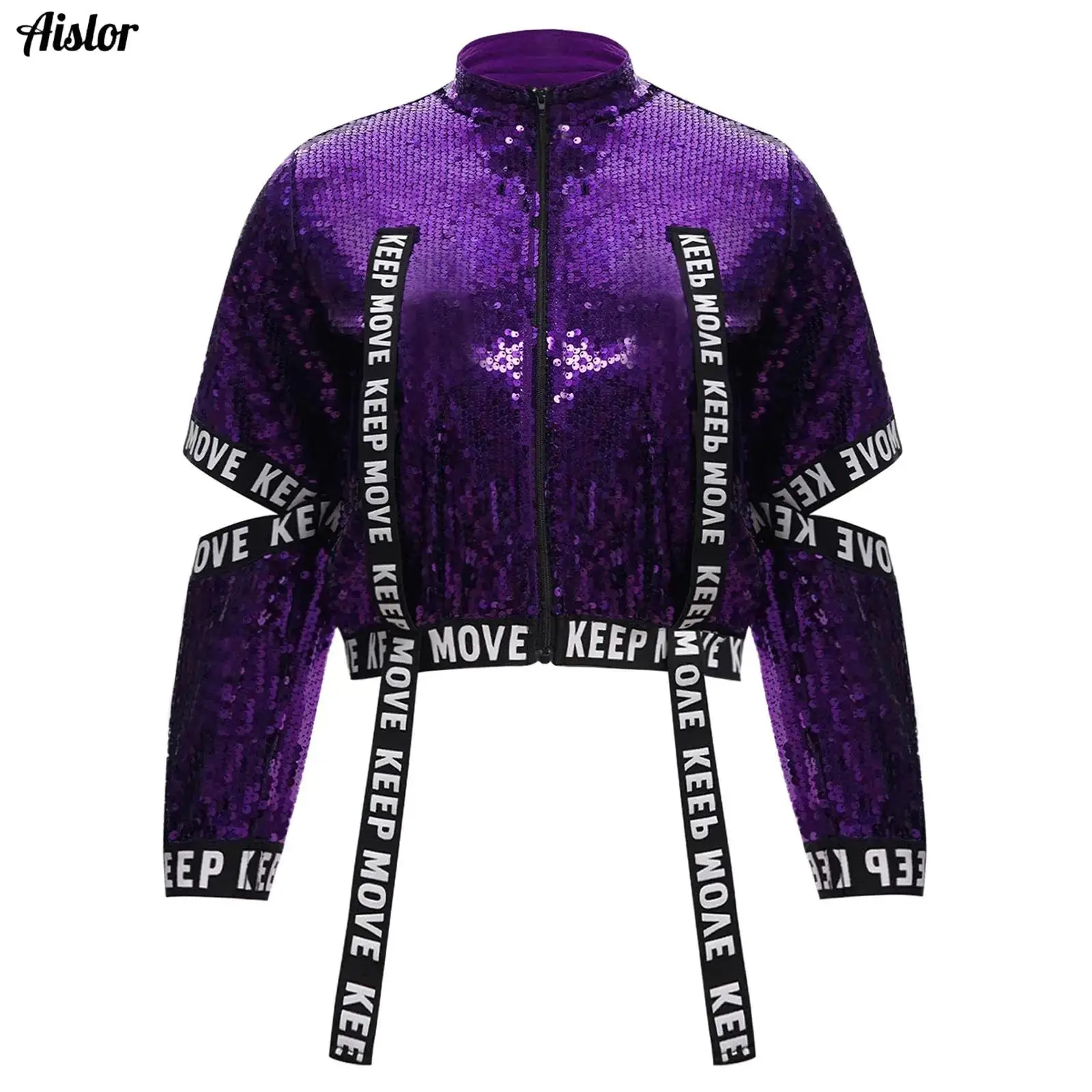 

Kids Girls Jacket Coat Hip-Hop Jazz Dance Costume Shiny Sequins Cutout Sleeves Letter Printed Elastic Bands Overcoat Streetwear