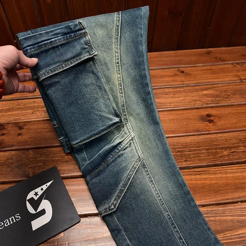 High-end Retro Nostalgic Men's Jeans with Multiple Pockets, Stretch Slim Fit, Fashionable Trendy Versatile Motorcycle Long Pants
