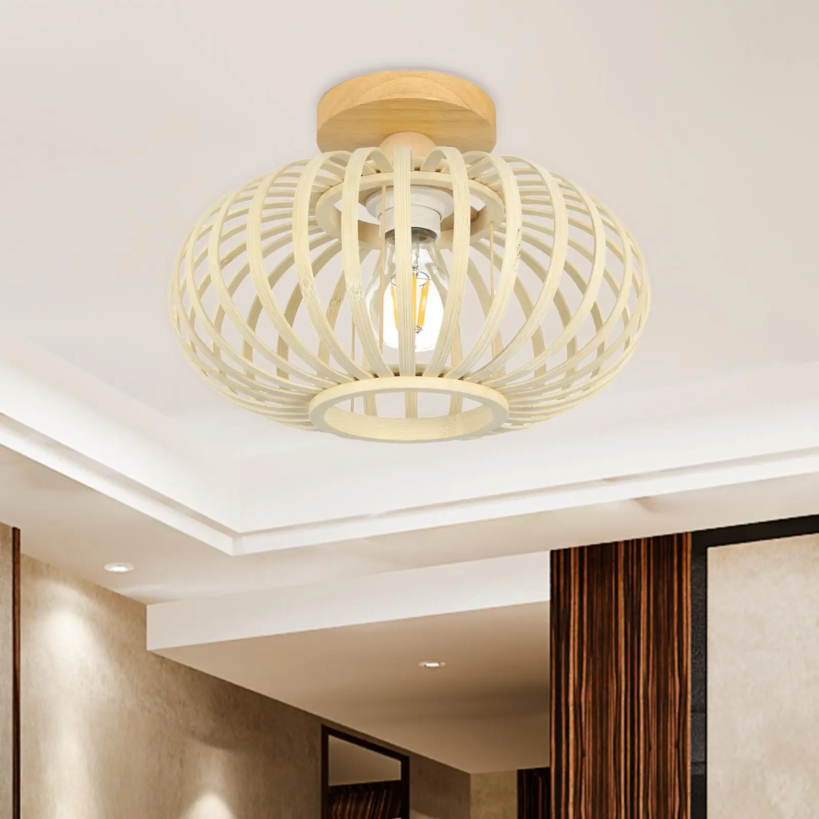 

Light Fixture Ceiling EU Adapter E27/E26 Base Flush Mount Bamboo Boho Lighting Fixture for Living Room Home Bar Laundry Bedroom