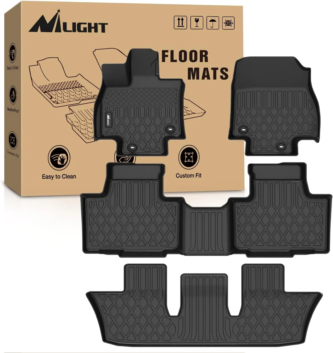 Nilight Custom Fit TPE Floor Mats All Weather Waterproof Car Floor Liners for Toyota Highlander 2014-2025 & Grand Highlander 2024-2025 Hybrid Heavy Duty Interior Protection