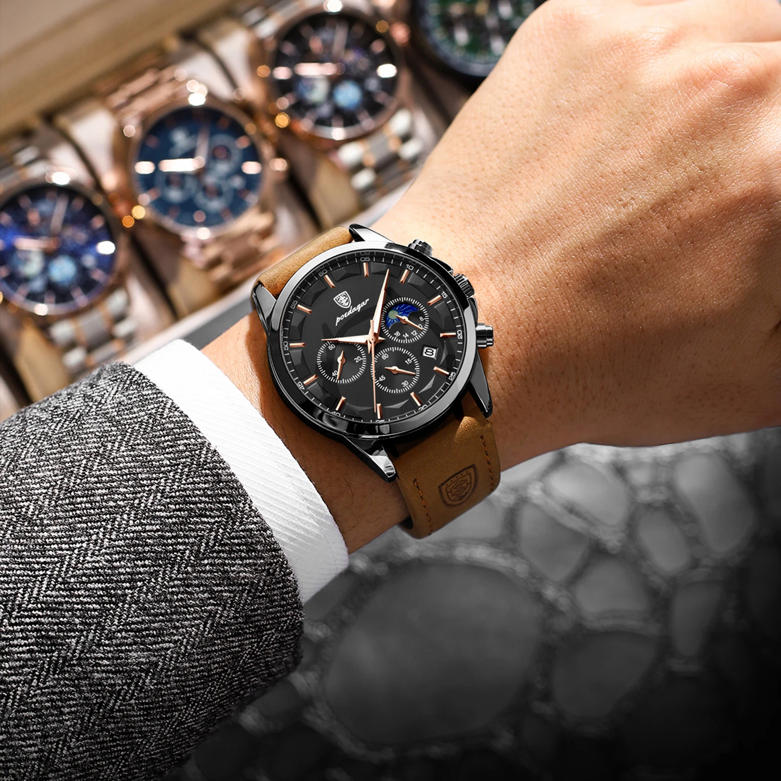 POEDAGAR Sports Luxury Men Quartz Watch Waterproof Chronograph Luminous Date Man Wristwatch Business Leather Men's Watches Clock image 5