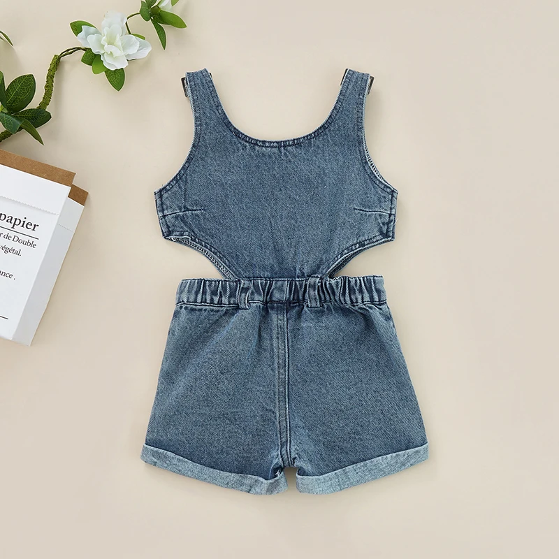 Fashion Kids Playsuit Summer Toddler Girls Solid Color Square Neck Sleeveless Hollow Out Rompers Streetwear for 6 Months-4 Years