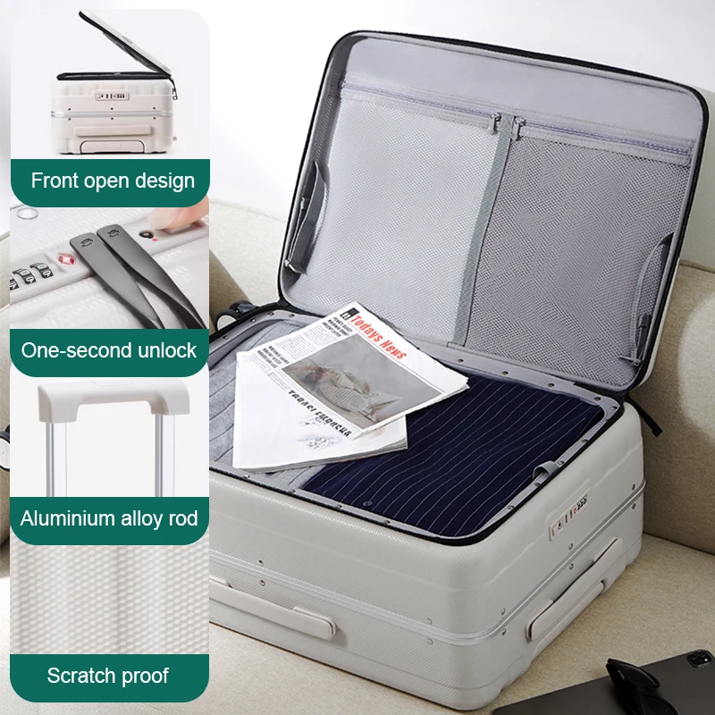 travel luggage trolley suitcase sets front opening aluminum frame PC lightweight TSA lock trolley suitcase