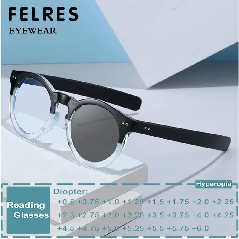 

Classic Circular Photochromic Reading Glasses Men Women Designer Thick Frame Prescription Glasses Outdoor Color Changing Eyewear