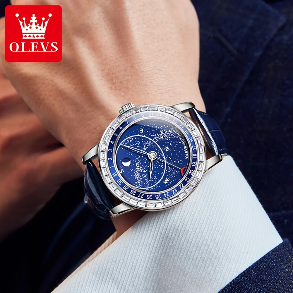 OLEVS Original Men\'s Automatic Mechanical Watch Fashion Business Leather Strap Luxury Diamond Starry Sky Moon Phase Men\'s Watch