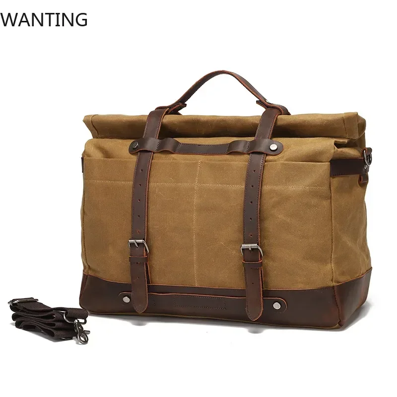

Large Capacity Men's Portable Travel Bag Outdoor Waterproof Luggage Bag Oil Wax Canvas With Crazy Horse Cowhide Crossbody Bag