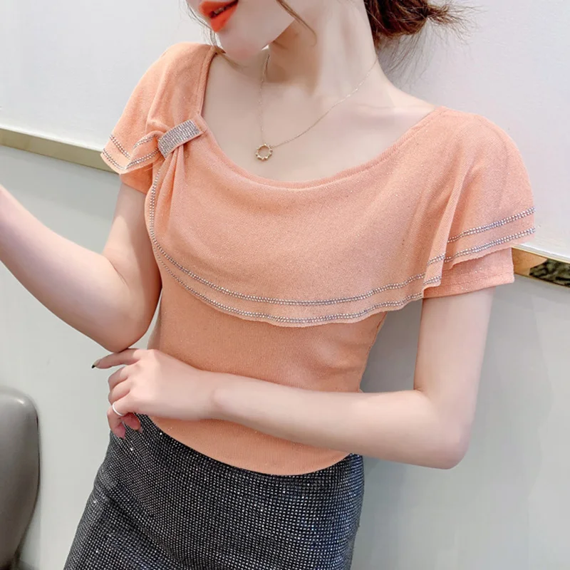 SALE Summer Short Sleeved O-Neck Mesh Tops Tee Elegant Slim Hot Diamond Ruffles Women's T-Shirt
