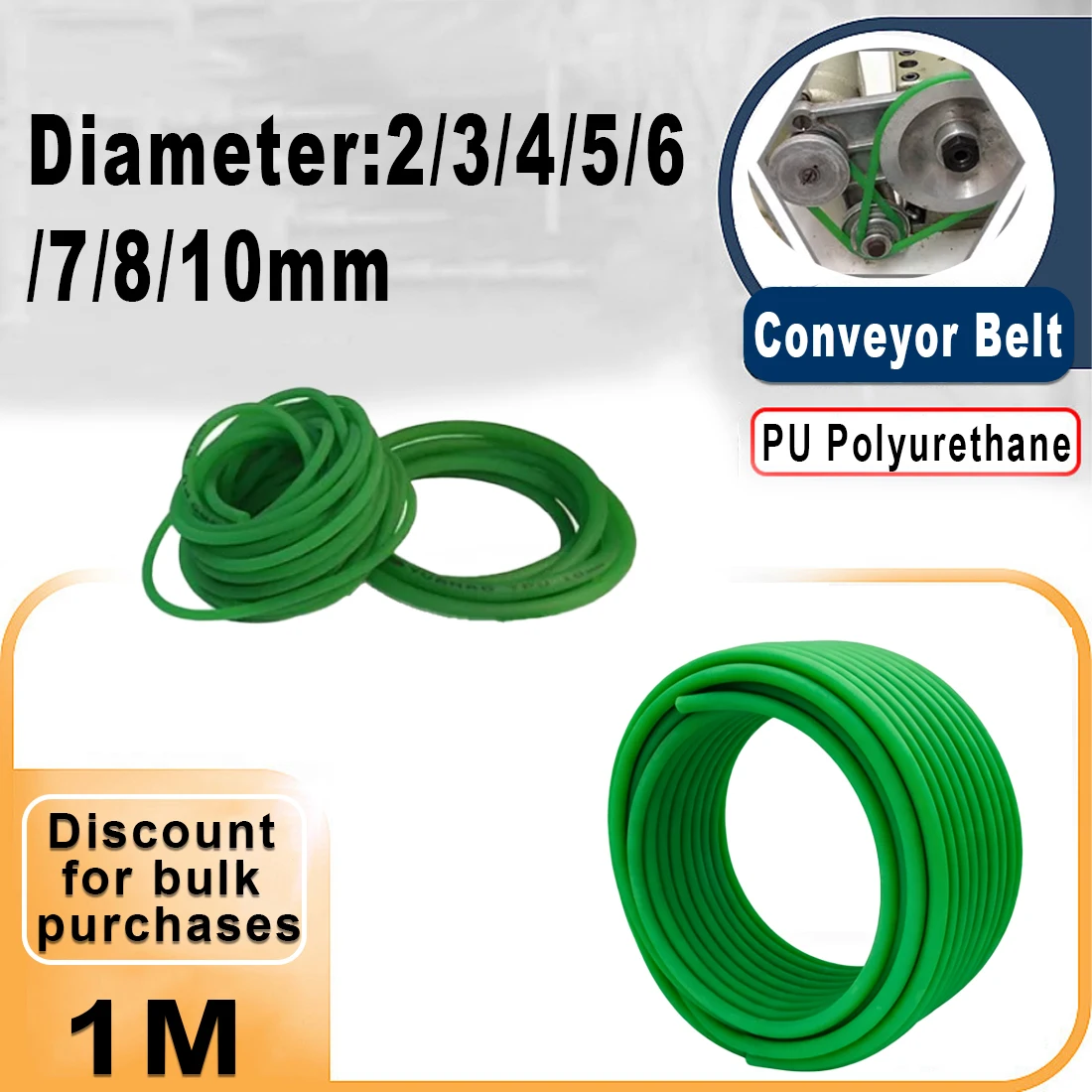 

PU Polyurethane Drive Belt Strap Round Strap Ø2mm - 10mm Green Rough Surface For Conveyor Belt Textile Machine