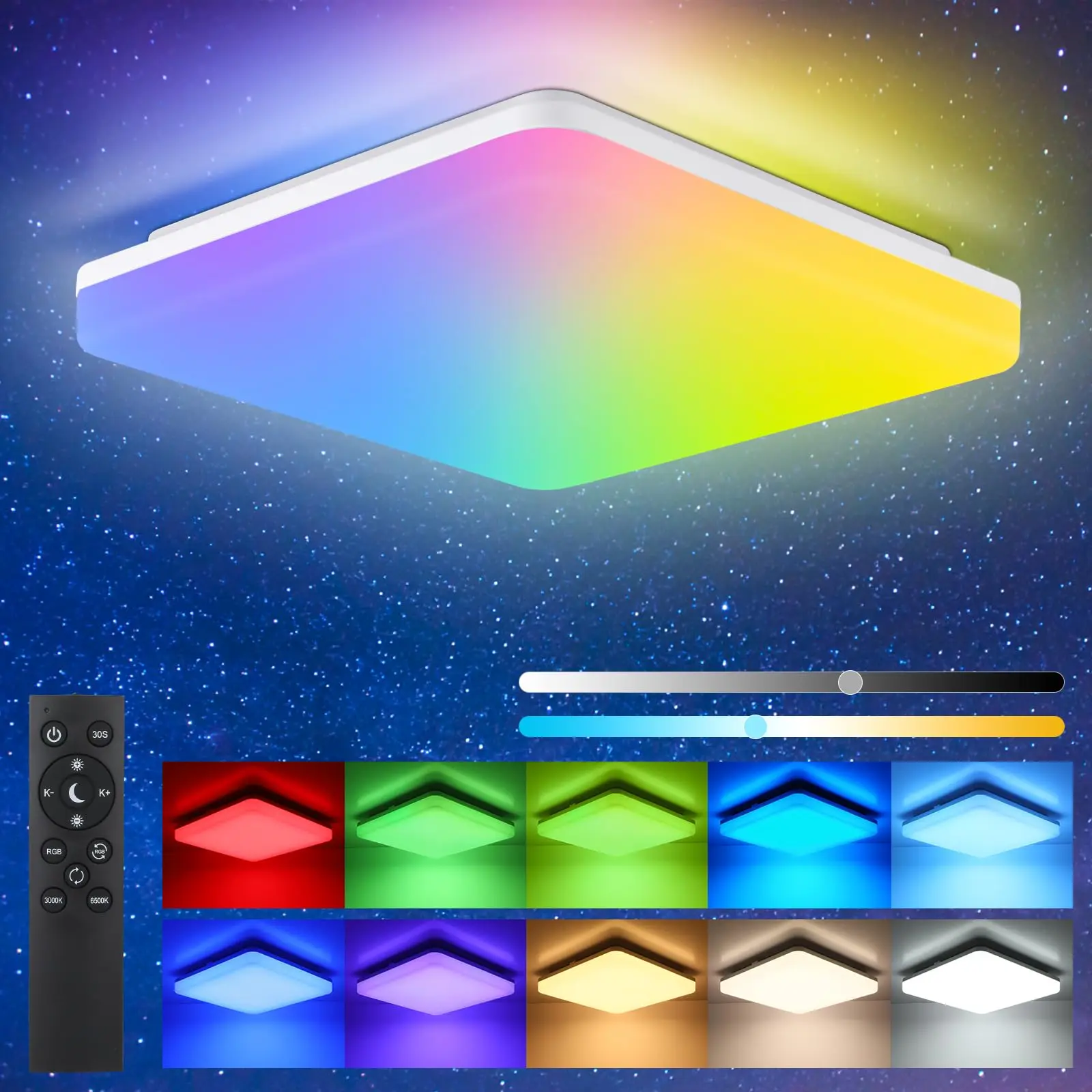 Plafonnier LED 36W à intensité variable avec télécommande, 33cm, RGB+Blanc 3000K–6500K, luminaire carré IP54 pour salle de bain, chambre à coucher, salon