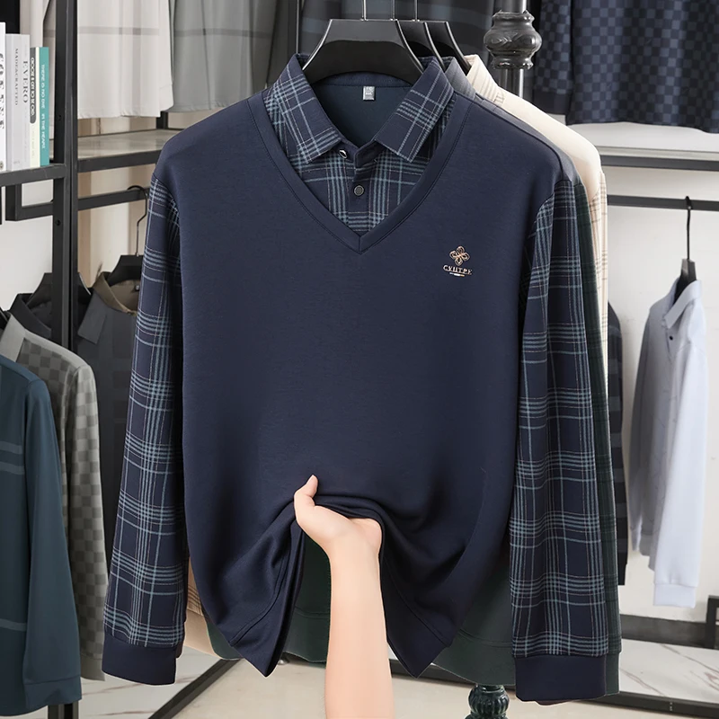 

2025 Spring and Autumn Knitted Fake Two piece Hoodie Shirt with Collar, Long Sleeve Base T-shirt