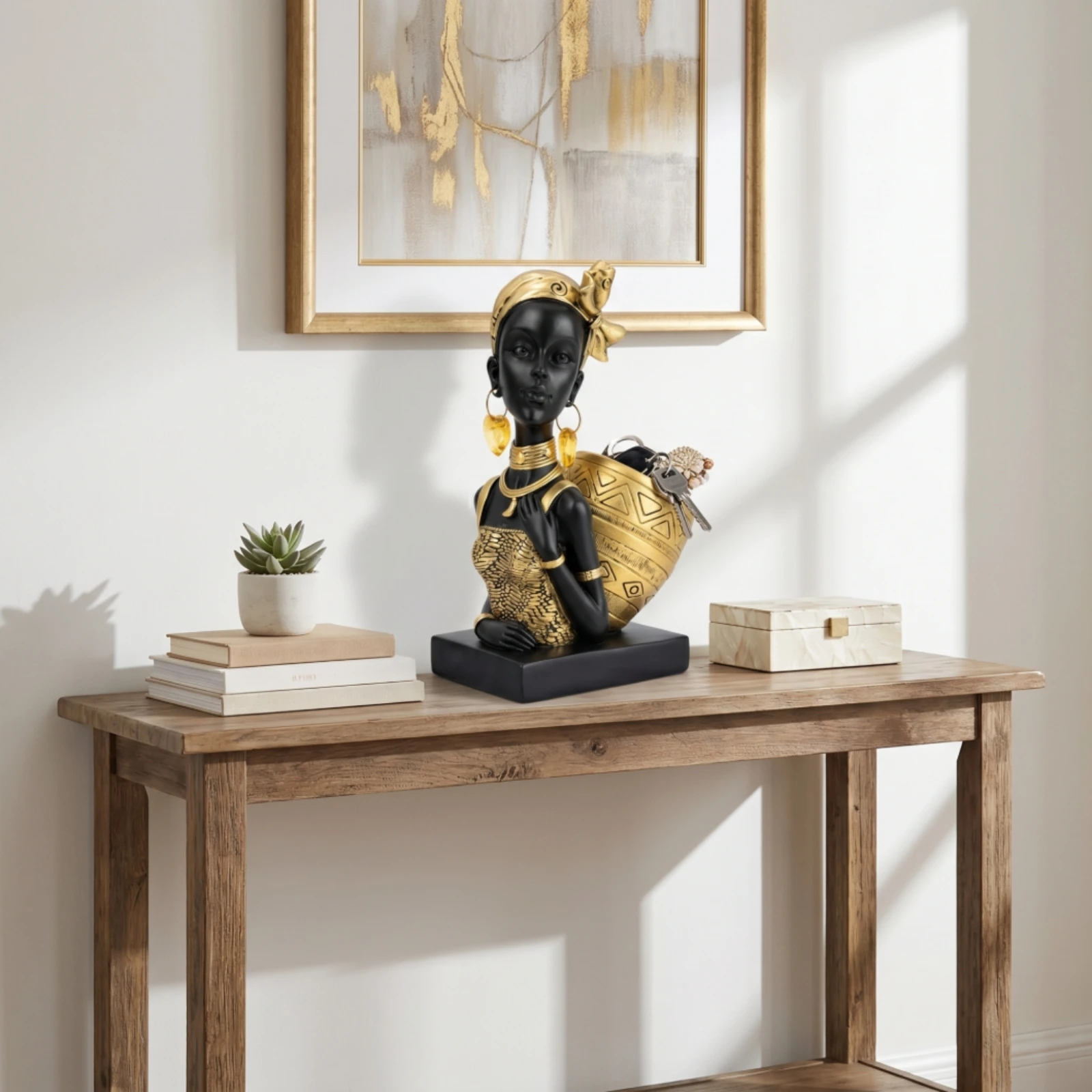 African Girl Bust Sculptural Resin Figurine with Base Black Woman Statue Cultural Art Piece Unique for Homeowners, Console Table