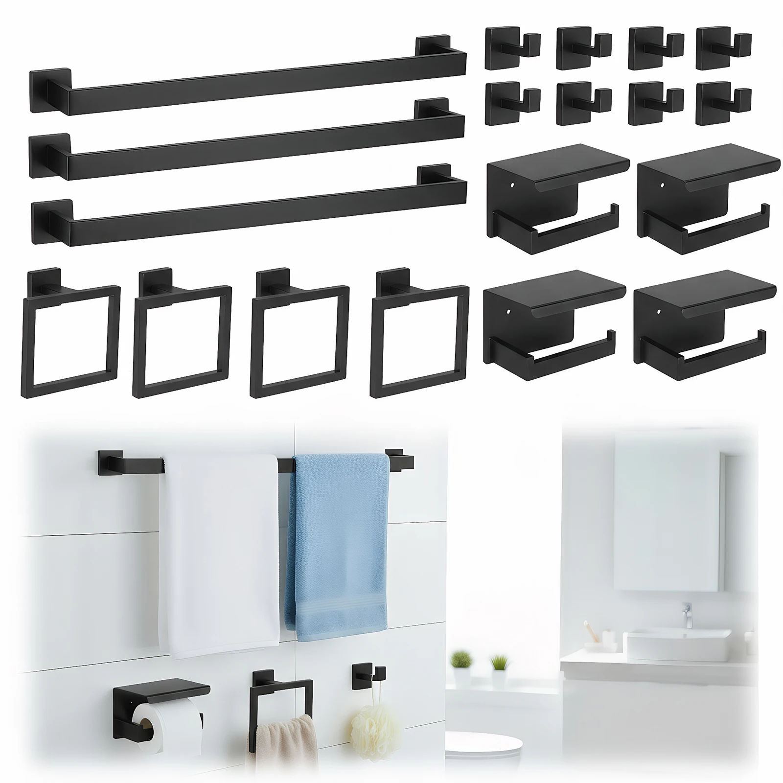 

20Pcs Stainless Steel Bathroom Hardware Set Wall Mounted Towel Bar Set Towel Rack/Toilet Paper Holder/Towel Ring/Hook