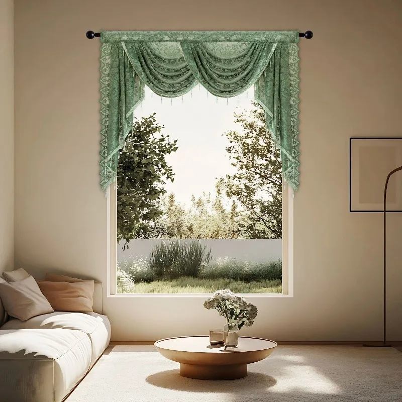 1PC European Luxury Waterfall Valance Sheer Rod Pocket Curtain With Bead Details Jacquard Lace Wave Curtain For Home Decoration