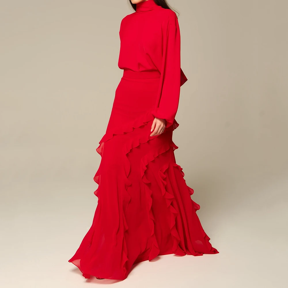 Customized A-line Evening Dresses Floor-length High-neck Full Sleeve Prom Gown Fashion Ruched Simple Draped Casual Party Gown image 3