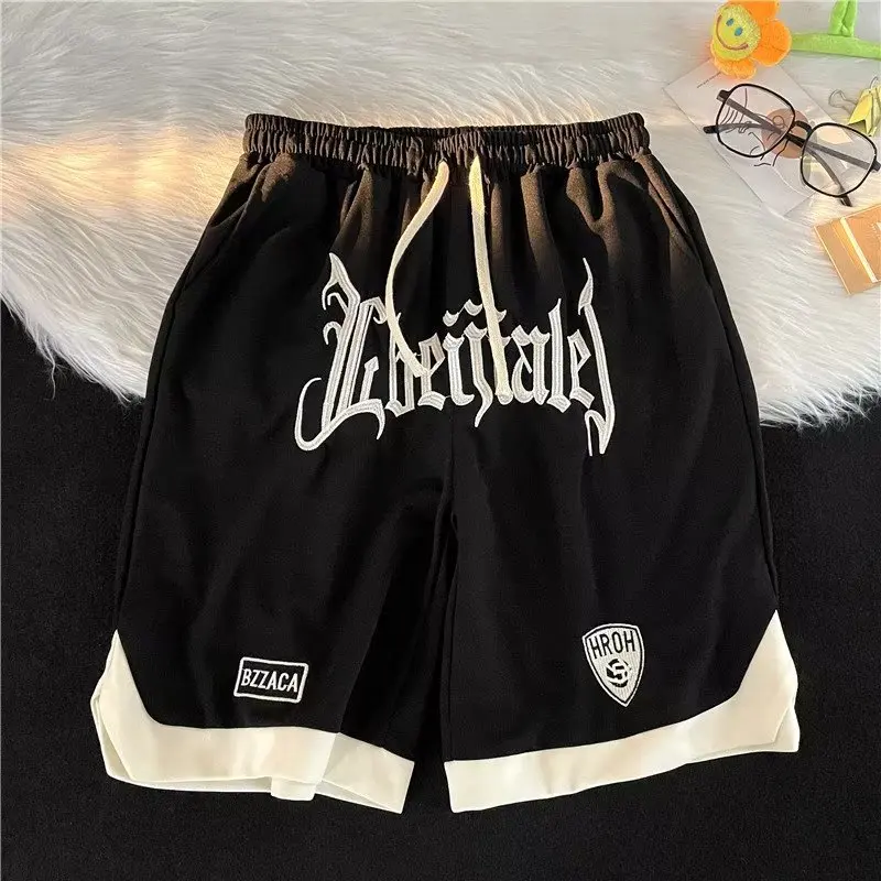 

American Hip Hop Embroidered Letter Men's Shorts Summer Thin Loose Straight Color Block Sports Basketball Five-Quarter Pants