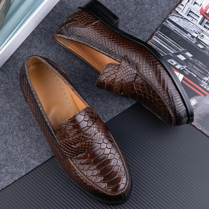 Snake Printing Leather Men Shoes Loafers Design Slip on Daily Casual Shoe Genuine Cowhide Handmade Sewing Comfortable Dress Shoe